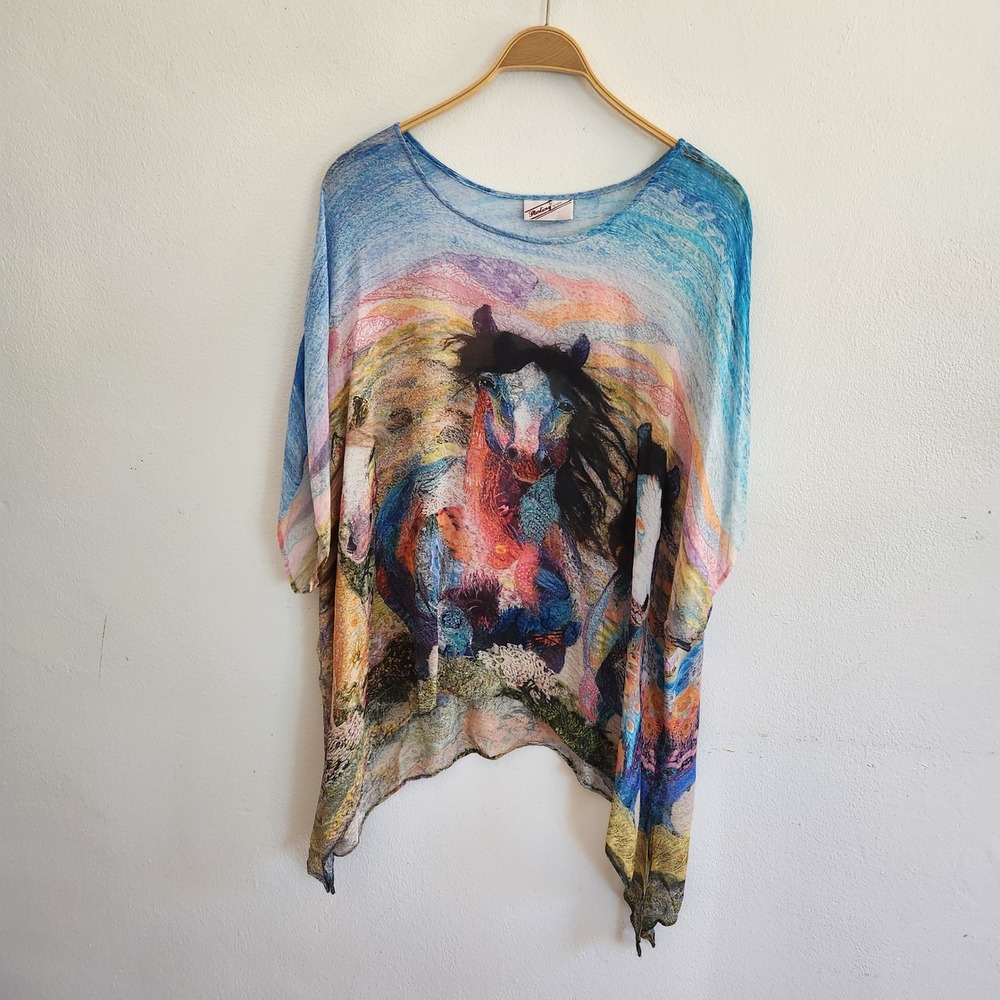 Sterling Styles Asymmetrical Tunic Poncho Top Sheer Horse Print Artsy Western